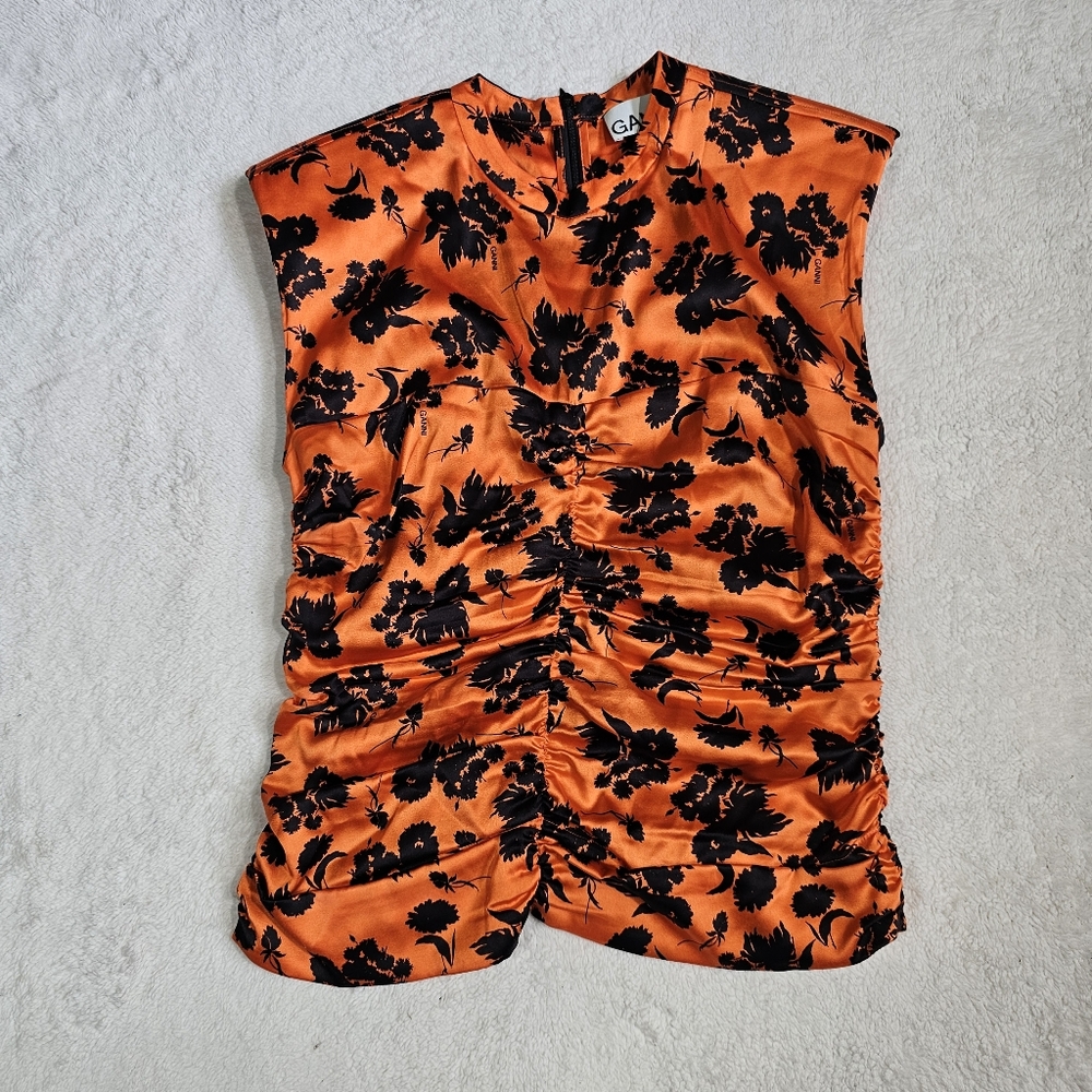 GANNI silk orange and black stretch floral print ruched size M - Picture 5 of 13